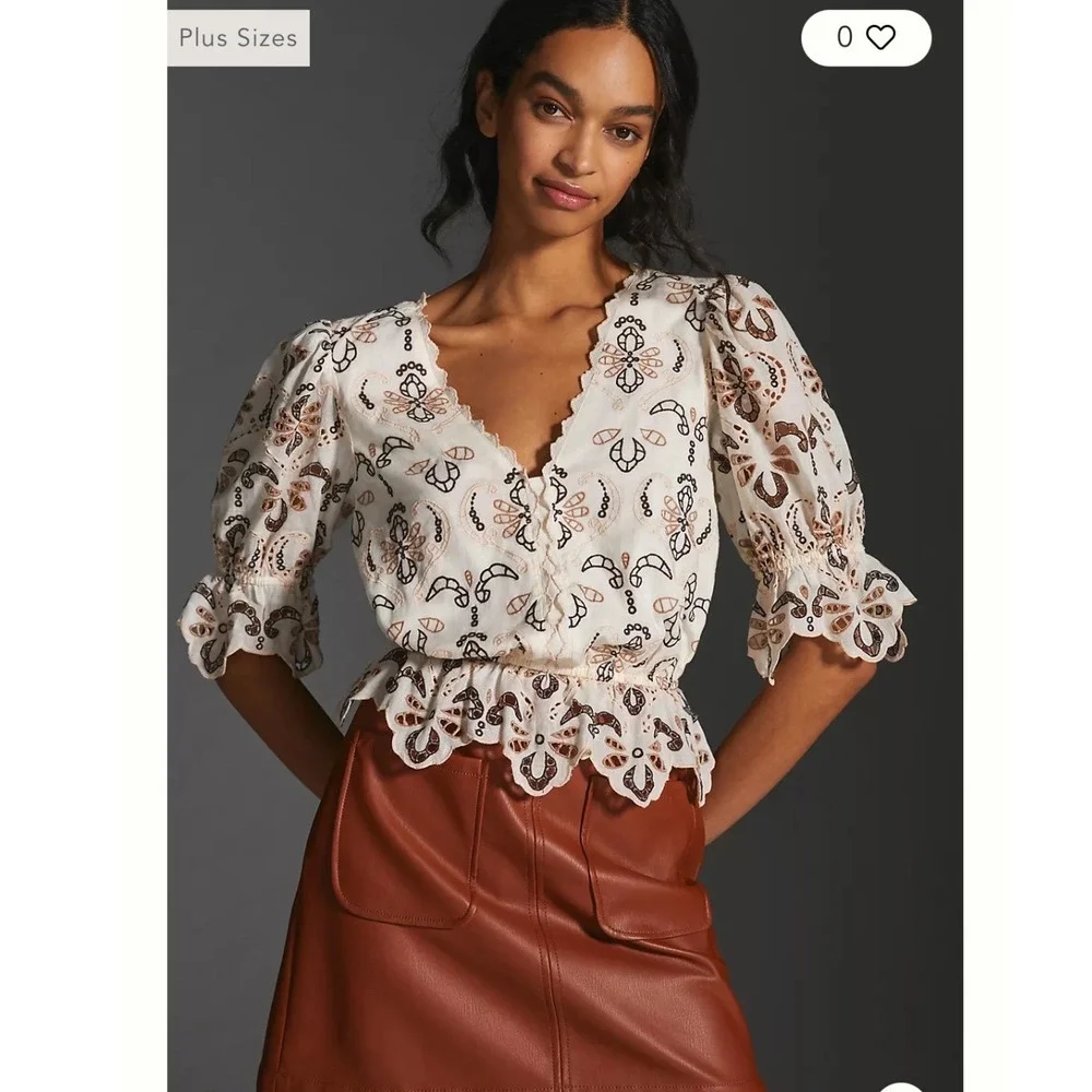 By Anthropologie Eyelet Embroidered Scalloped Boho Feminine V-Neck Peplum Top